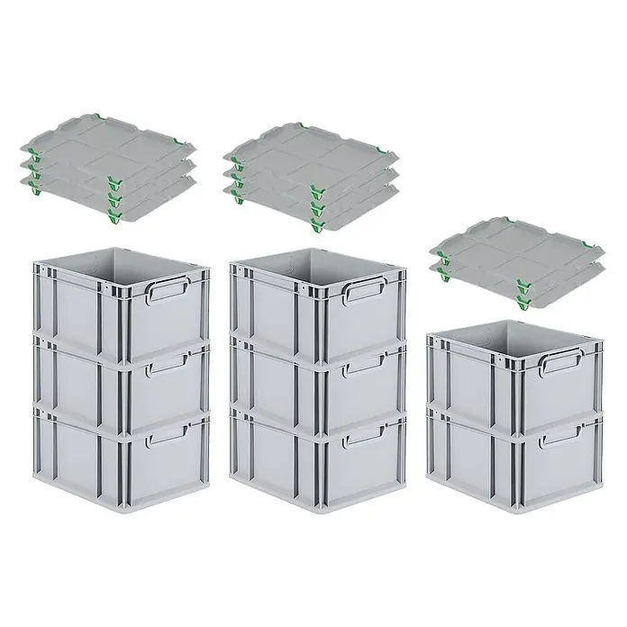 Proregal Euroboxen-Set 8x Eurobox NextGen Economy mit Auflagedeckel und 4x Verschlüsse Grün - L x B x H: 40 x 30 x 22 cm, Kunststoff, Grau, 8 Stk. - Graue Kunststoffbehälter mit Deckeln. Die Behälter sind in Dreierstapeln angeordnet, während die Deckel separat gestapelt sind.