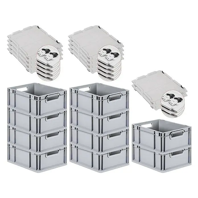 Proregal Euroboxen-Set 10x Eurobox NextGen Grip mit Scharnierdeckel und schwarzen Verschlüssen - L x B x H: 40 x 30 x 17 cm, Kunststoff, Grau, 10 Stk. - Ein Stapel grauer Eurobehälter mit dazugehörigen Deckeln, ideal zur Lagerung und Organisation.