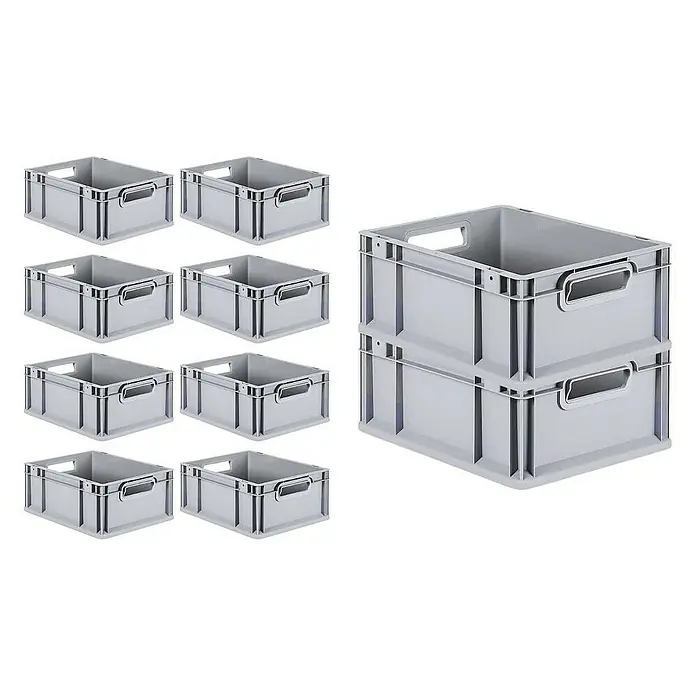 Proregal Euroboxen-Set 10x Eurobox NextGen Grip mit Scharnierdeckel und schwarzen Verschlüssen - L x B x H: 40 x 30 x 17 cm, Kunststoff, Grau, 10 Stk. - Acht einzelne graue Kunststoffkisten und ein Stapel aus zwei Kisten, ideal für Lagerung und Organisation.