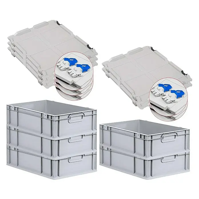 Proregal Euroboxen-Set 5x Eurobox NextGen Economy mit Scharnierdeckel und blauen Verschlüssen - L x B x H: 60 x 40 x 17 cm, Kunststoff, Grau, 5 Stk. - Abgebildete sind graue Lagerkisten und Deckel aus Kunststoff, ideal für Organisation und Lagerung im gewerblichen oder privaten Bereich.