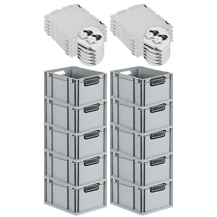 Proregal Euroboxen-Set 10x Eurobox NextGen Color mit Scharnierdeckel und Verschlüssen - L x B x H: 40 x 30 x 22 cm, Kunststoff, Grau, Schwarz, 10 Stk. - Das Bild zeigt einen Stapel grauer Euroboxen mit Deckeln. Praktische Aufbewahrungslösung für Ordnung.