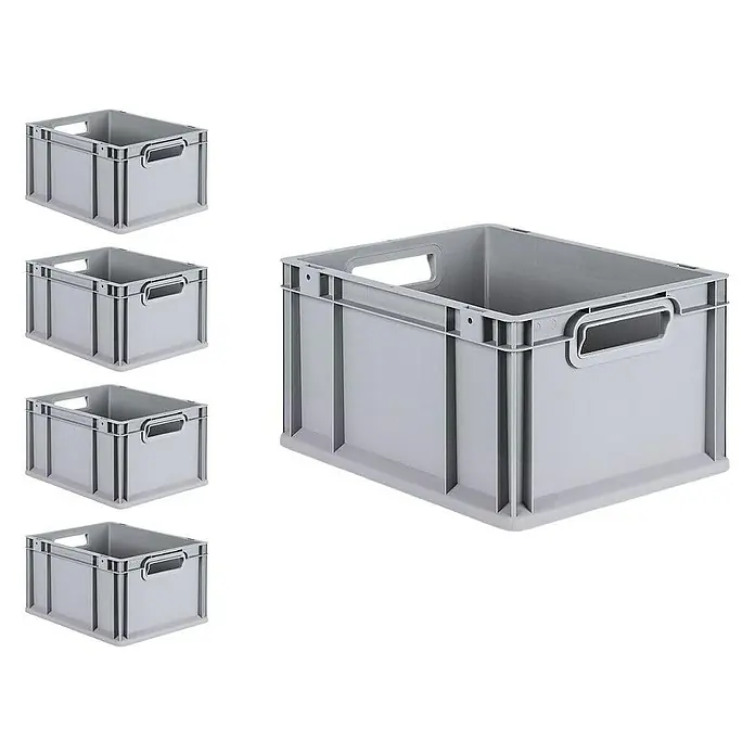 Proregal Euroboxen-Set 5x Eurobox NextGen Economy mit Scharnierdeckel und roten Verschlüssen - L x B x H: 40 x 30 x 22 cm, Kunststoff, Grau, 5 Stk. - Graue Kunststoffboxen, ideal zur Lagerung und Organisation von Gegenständen im Haushalt oder im Büro. Praktische Tragegriffe erleichtern den Transport.