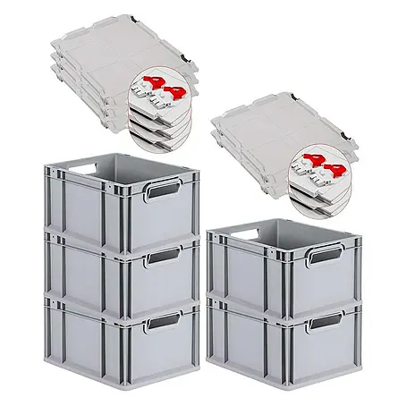 Proregal  Euroboxen-Set 5x Eurobox NextGen Economy mit Scharnierdeckel und roten Verschlüssen
