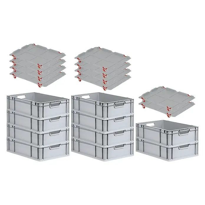 Proregal Euroboxen-Set 10x Eurobox NextGen Grip mit Auflagedeckel inkl. 4 roten Verschlüssen - L x B x H: 60 x 40 x 17 cm, Kunststoff, Grau, 10 Stk. - Graue Eurobehälter und dazugehörige Deckel in verschiedenen Stapeln.