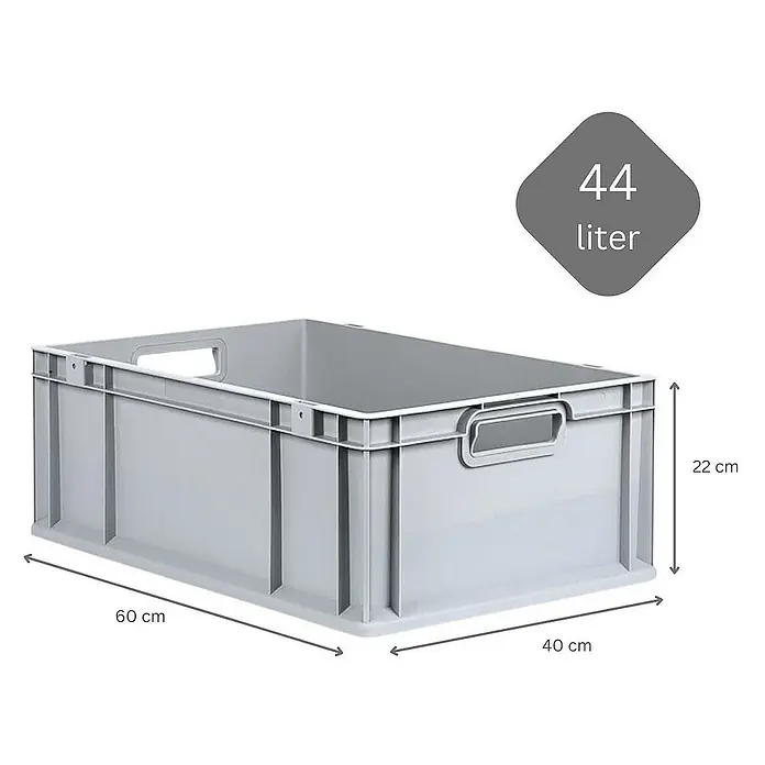 Proregal Euroboxen-Set 4x Eurobox NextGen Economy mit Auflagedeckel und 4x Verschlüsse Blau - L x B x H: 60 x 40 x 22 cm, Kunststoff, Grau, 4 Stk. - Graue Kunststoffbox mit den Maßen 60 x 40 x 22 cm und einem Fassungsvermögen von 44 Litern zur Aufbewahrung und zum Transport.