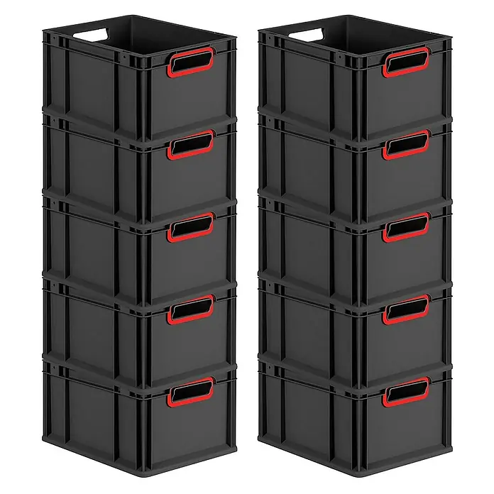 Proregal Euroboxen-Set 10x Eurobox NextGen Color - L x B x H: 40 x 30 x 22 cm, Kunststoff, Schwarz, Rot, 10 Stk. - Zwei Stapel grauer Aufbewahrungsboxen mit roten Griffen, die sich ideal für die Organisation von Gegenständen in einem Büro oder Lager eignen.