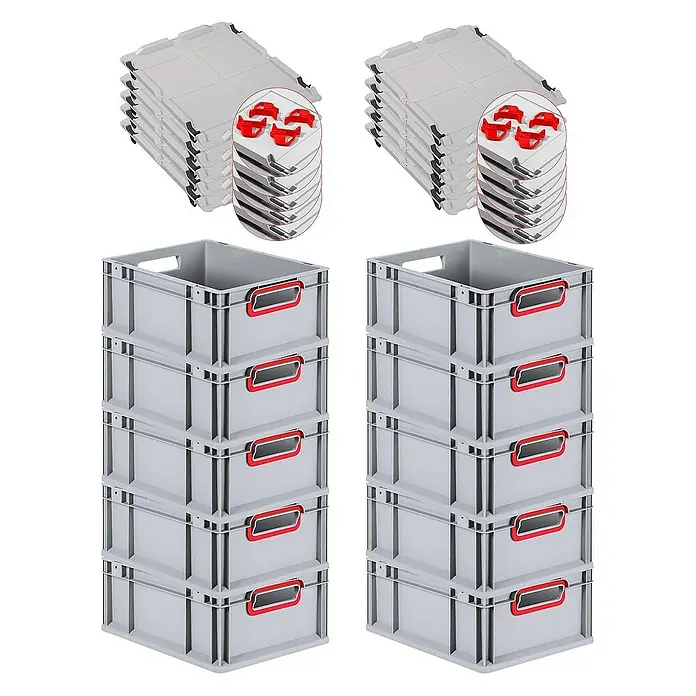 Proregal Euroboxen-Set 10x Eurobox NextGen Color mit Auflagedeckel und Schiebeschnappverschlüsse - L x B x H: 40 x 30 x 17 cm, Kunststoff, Grau, Rot, 10 Stk. - Stapelbare graue Eurobehälter mit roten Griffen und Deckeln, ideal für Lagerung und Transport. Praktisches Set für Ordnung und Organisation.