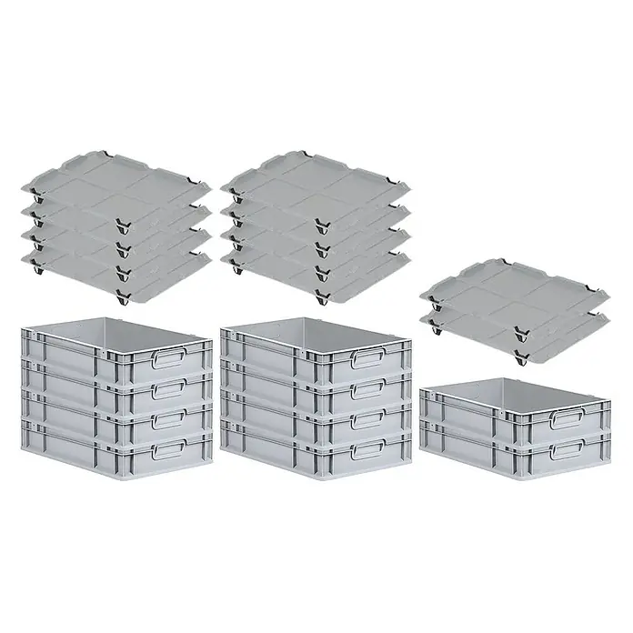 Proregal Euroboxen-Set 10x Eurobox NextGen Economy mit Auflagedeckel und 4x Verschlüsse Schwarz - Kunststoff, Grau, 10 Stk. - Abgebildet sind graue Stapelboxen und Deckel. Praktische Lagerbehälter und Abdeckungen zur sicheren Aufbewahrung und zum Schutz von Gegenständen.
