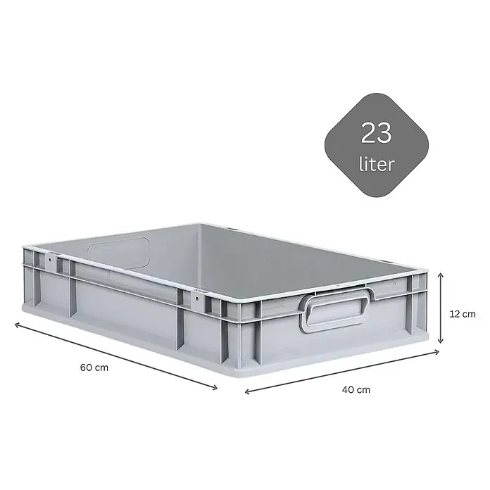 Proregal Euroboxen-Set 10x Eurobox NextGen Economy mit Auflagedeckel und 4x Verschlüsse Schwarz - Kunststoff, Grau, 10 Stk. - Ein grauer Lagerbehälter aus Kunststoff mit den Maßen 60x40x12 cm und einem Volumen von 23 Litern.