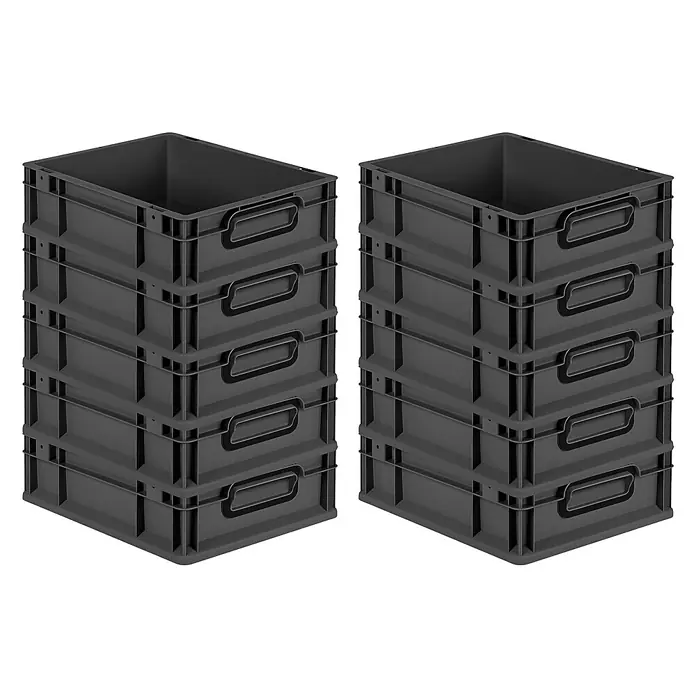 Proregal Euroboxen-Set 10x Eurobox NextGen Color - L x B x H: 40 x 30 x 12 cm, Kunststoff, Schwarz, Schwarz, 10 Stk. - Zwei Stapel grauer Kunststoffboxen mit Griffen für Lagerung oder Transport, jeweils fünf Boxen hoch.