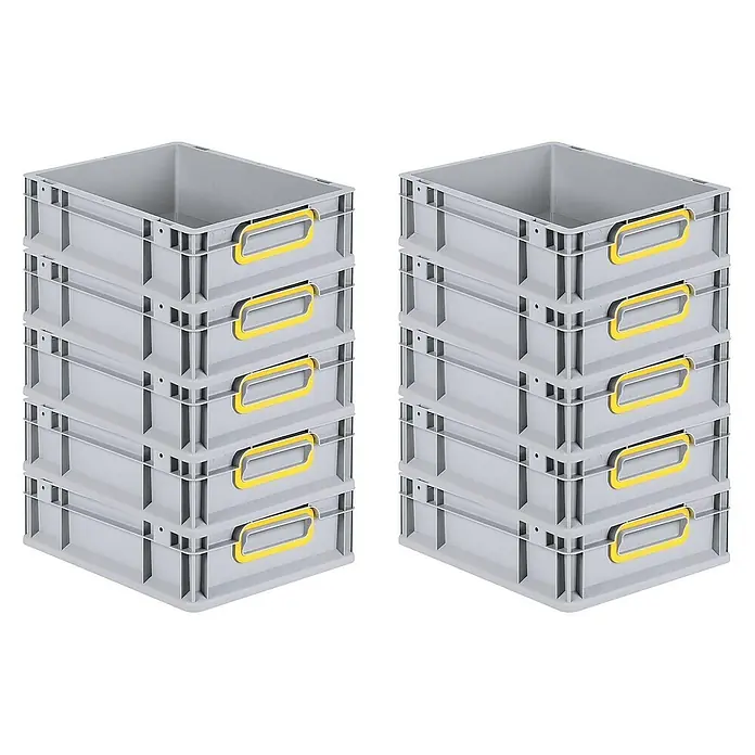 SparSet 10x Eurobox NextGen Color | HxBxT 12x30x40cm | 11 Liter | Griffe gelb geschlossen | Glatter Boden | Grau | Eurobehälter, Transportbox, Transportbehälter, Stapelbehälter -  - Zwei Stapel grauer Kunststoffboxen mit gelben Griffen, ideal für Lagerung und Organisation.