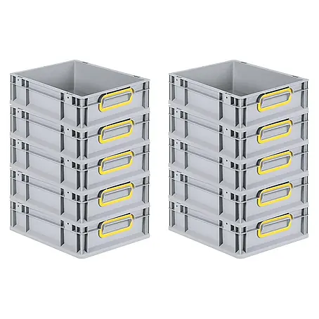 SparSet 10x Eurobox NextGen Color | HxBxT 12x30x40cm | 11 Liter | Griffe gelb geschlossen | Glatter Boden | Grau | Eurobehälter, Transportbox, Transportbehälter, Stapelbehälter
