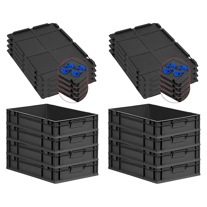 Proregal Euroboxen-Set 8x Eurobox NextGen Grip mit Auflagedeckel inkl. 4 blauen Verschlüssen - L x B x H: 60 x 40 x 12 cm, Kunststoff, Schwarz, 8 Stk. - Bild zeigt zwei Stapel schwarzer Eurobehälter mit Deckel und Zubehör, ideal für Lagerung und Transport.