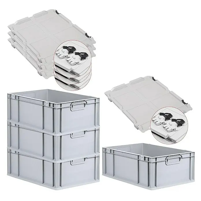 Proregal Euroboxen-Set 4x Eurobox NextGen Economy mit Scharnierdeckel und schwarzen Verschlüssen - L x B x H: 60 x 40 x 22 cm, Kunststoff, Grau, 4 Stk. - Abbildung von stapelbaren grauen Kunststoffbehältern mit Deckeln, ideal für Lagerung und Transport. Robust und vielseitig einsetzbar.