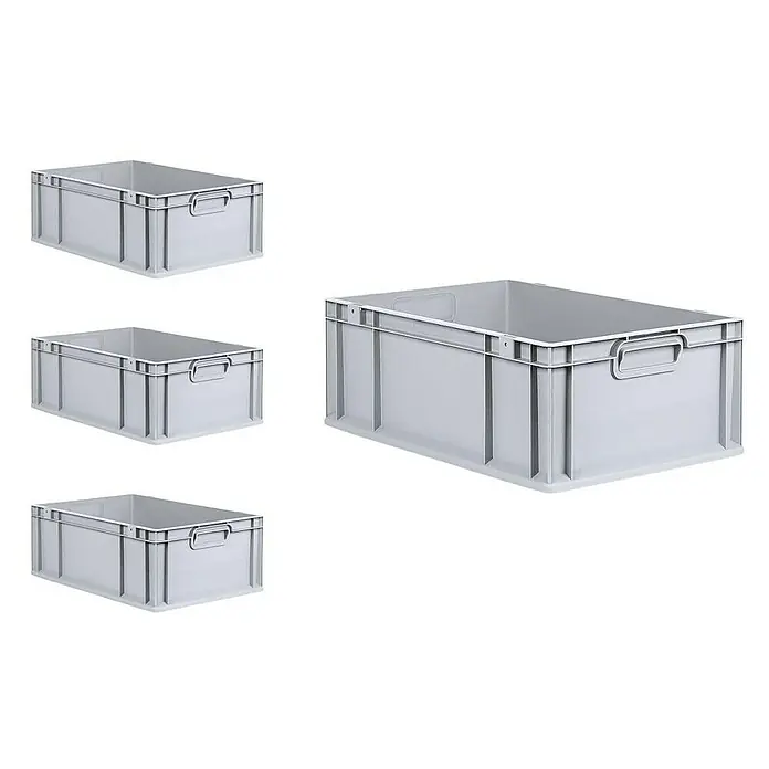 Proregal Euroboxen-Set 4x Eurobox NextGen Economy mit Scharnierdeckel und schwarzen Verschlüssen - L x B x H: 60 x 40 x 22 cm, Kunststoff, Grau, 4 Stk. - Das Bild zeigt vier graue Kunststoffboxen in verschiedenen Größen, die zur Aufbewahrung und Organisation von Gegenständen dienen.