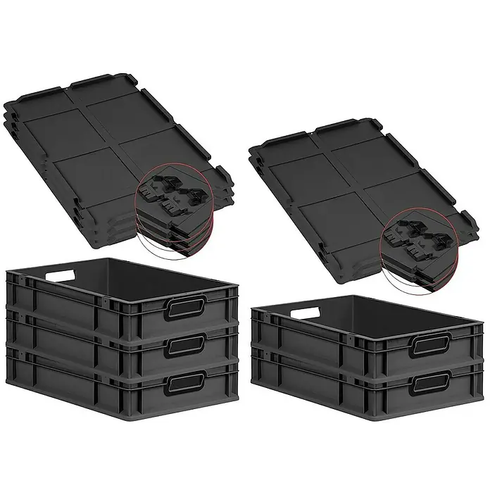Proregal Euroboxen-Set 5x Eurobox NextGen Color mit Scharnierdeckel und Verschlüssen - L x B x H: 60 x 40 x 12 cm, Kunststoff, Schwarz, Schwarz, 5 Stk. - Schwarze Kunststoffboxen und Klappboxen für Lagerung und Transport, ideal für Organisation und Platzersparnis.