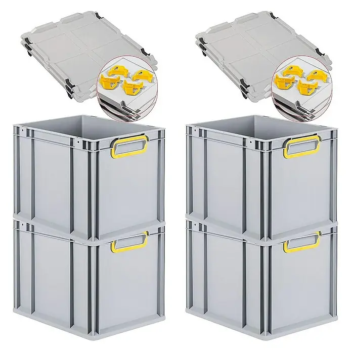 Proregal Euroboxen-Set 4x Eurobox NextGen Color mit Auflagedeckel und Schiebeschnappverschlüsse - Kunststoff, Grau, Gelb, 4 Stk. - Zwei Stapel grauer Kunststoffboxen mit gelben Griffen und passenden Deckeln und Eckverbindern.