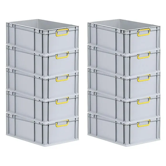 Proregal Euroboxen-Set 10x Eurobox NextGen Color - L x B x H: 60 x 40 x 22 cm, Kunststoff, Grau, Gelb, 10 Stk. - Graue Lagerboxen im Doppelpack. Praktische Stapelboxen mit gelben Griffen zur einfachen Aufbewahrung und Organisation von Gegenständen.