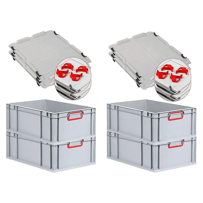 Proregal Euroboxen-Set 4x Eurobox NextGen Color mit Auflagedeckel und Schiebeschnappverschlüsse - L x B x H: 60 x 40 x 22 cm, Kunststoff, Grau, Rot, 4 Stk. - Graue Kunststoffboxen mit roten Griffen und Deckeln, ideal für Lagerung und Transport.
