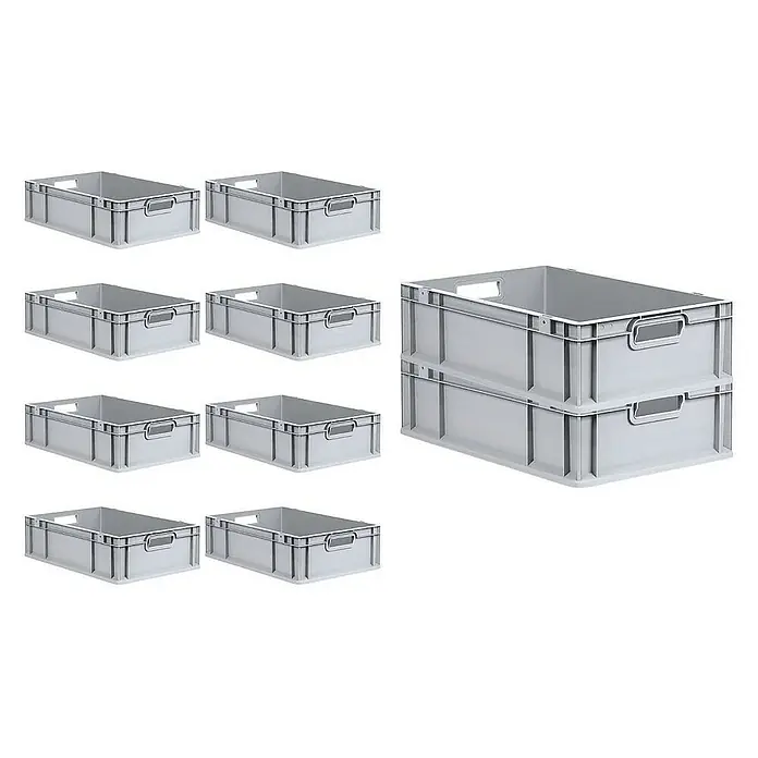 Proregal Euroboxen-Set 10x Eurobox NextGen Grip mit Scharnierdeckel und grünen Verschlüssen - L x B x H: 60 x 40 x 17 cm, Kunststoff, Grau, 10 Stk. - Graue Kunststoffbehälter, ideal für Lagerung und Transport, mit praktischen Griffen und stapelbarem Design für effiziente Organisation.