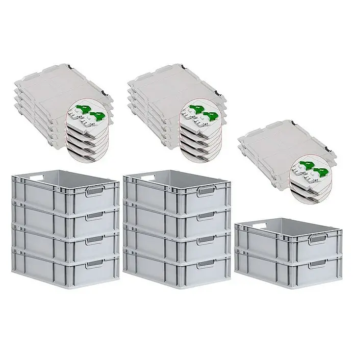 Proregal Euroboxen-Set 10x Eurobox NextGen Grip mit Scharnierdeckel und grünen Verschlüssen - L x B x H: 60 x 40 x 17 cm, Kunststoff, Grau, 10 Stk. - Stapel mit grauen Kunststoffboxen und dazugehörigen Deckeln mit grünen Verschlüssen, ideal zur Lagerung und Organisation.