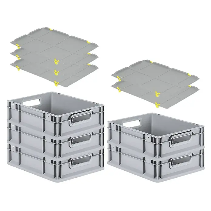 Proregal Euroboxen-Set 5x Eurobox NextGen Grip mit Auflagedeckel inkl. 4 gelben Verschlüssen - L x B x H: 40 x 30 x 12 cm, Kunststoff, Grau, 5 Stk. - Abbildung von grauen Eurobehältern mit Deckeln, ideal für Lagerung und Transport.