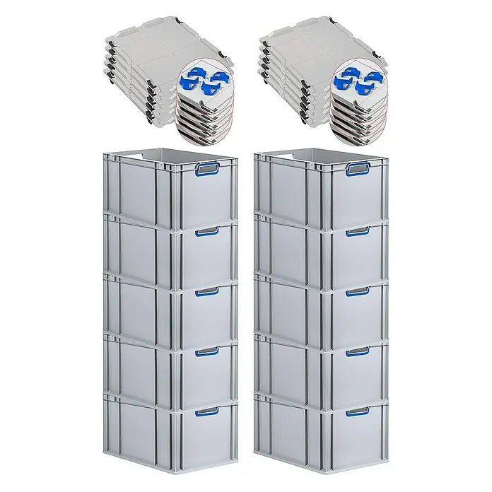 Proregal Euroboxen-Set 10x Eurobox NextGen Color mit Auflagedeckel und Schiebeschnappverschlüsse - Kunststoff, Grau, Blau, 10 Stk. - Lagerboxen und Deckel.