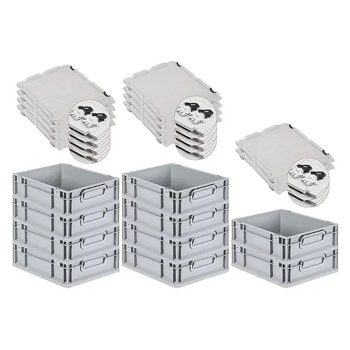 Proregal Euroboxen-Set 10x Eurobox NextGen Grip mit Scharnierdeckel und schwarzen Verschlüssen - L x B x H: 40 x 30 x 12 cm, Kunststoff, Grau, 10 Stk. - Abbildung von stapelbaren, grauen Kunststoffboxen und Deckeln, ideal für Lagerung und Organisation.