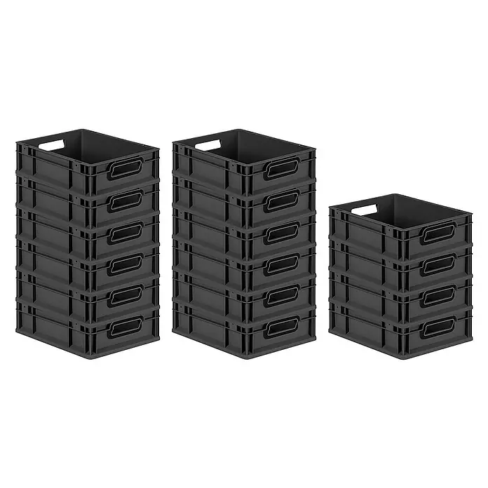Proregal Euroboxen-Set 16x Eurobox NextGen Color - L x B x H: 40 x 30 x 12 cm, Kunststoff, Schwarz, Schwarz, 16 Stk. - Drei Stapel grauer Kunststoffboxen unterschiedlicher Höhe, ideal für Lagerung und Transport.