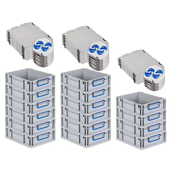 Proregal Euroboxen-Set 16x Eurobox NextGen Color mit Auflagedeckel und Schiebeschnappverschlüsse - L x B x H: 40 x 30 x 12 cm, Kunststoff, Grau, Blau, 16 Stk. - Drei Stapelboxen und drei Deckelstapel. Die Boxen sind grau mit blauen Griffen und die Deckel sind ebenfalls grau.