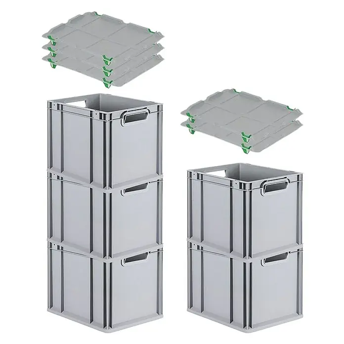 Proregal Euroboxen-Set 5x Eurobox NextGen Grip mit Auflagedeckel inkl. 4 grünen Verschlüssen - Kunststoff, Grau, 5 Stk. - Abgebildete sind graue Eurobehälter und dazugehörige Deckel, ideal für Lagerung und Transport, die sich durch Stabilität und Stapelbarkeit auszeichnen.
