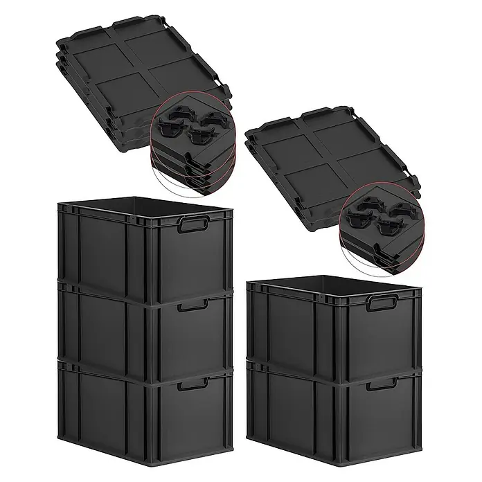 SparSet 5x Eurobox NextGen Color mit Auflagedeckel und Schiebeschnappverschlüsse | HxBxT 32x40x60cm | 65 Liter | Schwarz | Griffe schwarz geschlossen | Verstärkter Boden | Eurobehälter, Transportbox, Transportbehälter, Stapelbehälter -  - Bild von schwarzen Eurobehältern und Deckeln. Praktische und robuste Lagerlösung für vielfältige Anwendungen.