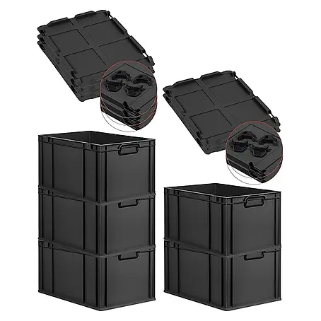 SparSet 5x Eurobox NextGen Color mit Auflagedeckel und Schiebeschnappverschlüsse | HxBxT 32x40x60cm | 65 Liter | Schwarz | Griffe schwarz geschlossen | Verstärkter Boden | Eurobehälter, Transportbox, Transportbehälter, Stapelbehälter