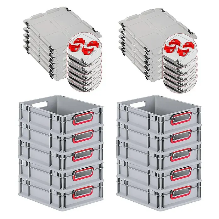 Proregal Euroboxen-Set 10x Eurobox NextGen Color mit Auflagedeckel und Schiebeschnappverschlüsse - Kunststoff, Grau, Rot, 10 Stk. - Produktbild: Mehrere graue Kunststoffbehälter und Deckel, einige mit roten Details, ordentlich gestapelt für Lagerung und Organisation.