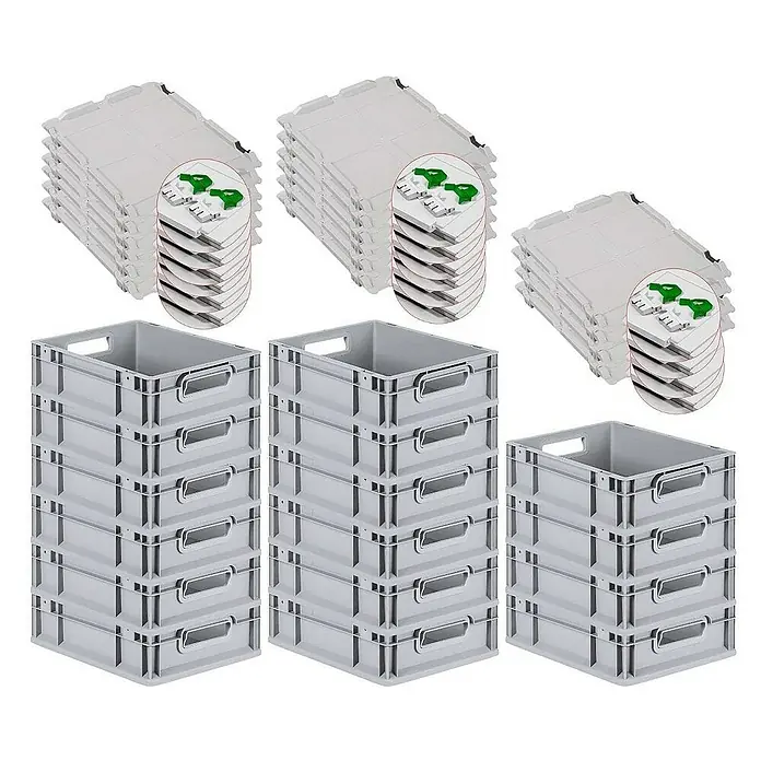 Proregal Euroboxen-Set 16x Eurobox NextGen Grip mit Scharnierdeckel und grünen Verschlüssen - L x B x H: 40 x 30 x 12 cm, Kunststoff, Grau, 16 Stk. - Drei Stapel grauer Kunststoffkisten mit Griffen und drei Stapel grauer Deckel, ideal für Lagerung und Organisation.