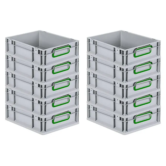 Proregal Euroboxen-Set 10x Eurobox NextGen Color - L x B x H: 40 x 30 x 12 cm, Kunststoff, Grau, Grün, 10 Stk. - Zwei Stapel grauer Kunststoffboxen mit grünen Griffen, ideal zur Lagerung und Organisation verschiedener Gegenstände.
