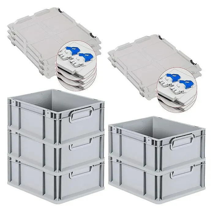 Proregal Euroboxen-Set 5x Eurobox NextGen Economy mit Scharnierdeckel und blauen Verschlüssen - L x B x H: 40 x 30 x 17 cm, Kunststoff, Grau, 5 Stk. - Abgebildet sind graue Eurobehälter in verschiedenen Stapeln und eine Nahaufnahme der Deckel mit blauen Verschlüssen.