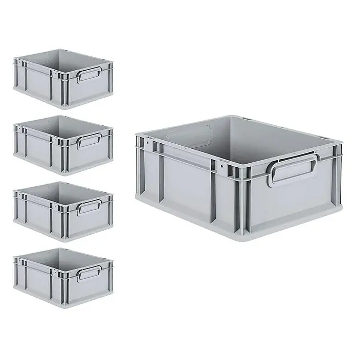 Proregal Euroboxen-Set 5x Eurobox NextGen Economy mit Scharnierdeckel und blauen Verschlüssen - L x B x H: 40 x 30 x 17 cm, Kunststoff, Grau, 5 Stk. - Graue Eurobehälter im Stapel. Robuste und vielseitige Kunststoffbehälter für Lagerung und Transport in verschiedenen Größen, ideal für Industrie und Gewerbe.
