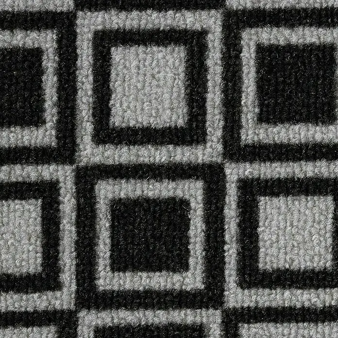 Teppichläufer Naas - Schwarz/Grau, 500 x 80 cm, 100 % Polyamid - Detailaufnahme eines Teppichs mit einem geometrischen Muster aus schwarzen und grauen Quadraten, das eine moderne und stilvolle Optik bietet.