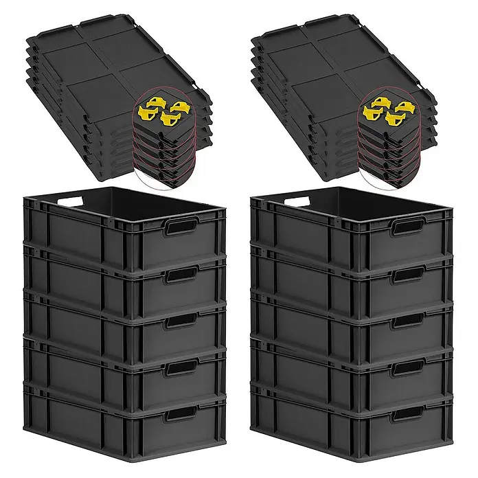 Proregal Euroboxen-Set 10x Eurobox NextGen Grip mit Auflagedeckel inkl. 4 gelben Verschlüssen - L x B x H: 60 x 40 x 17 cm, Kunststoff, Schwarz, 10 Stk. - Stapelbare schwarze Lagerbehälter und Deckel, ideal für Organisation und Lagerung.