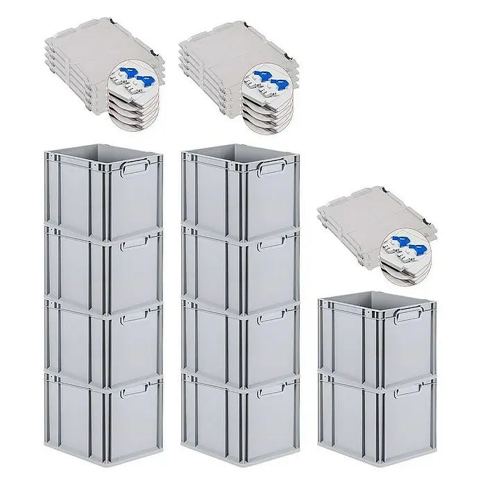 Proregal Euroboxen-Set 10x Eurobox NextGen Grip mit Scharnierdeckel und blauen Verschlüssen - Kunststoff, Grau, 10 Stk. - Abbildung von mehreren grauen Lagerkisten und passenden Deckeln, ideal für Ordnung und Lagerung in Werkstatt oder Garage.