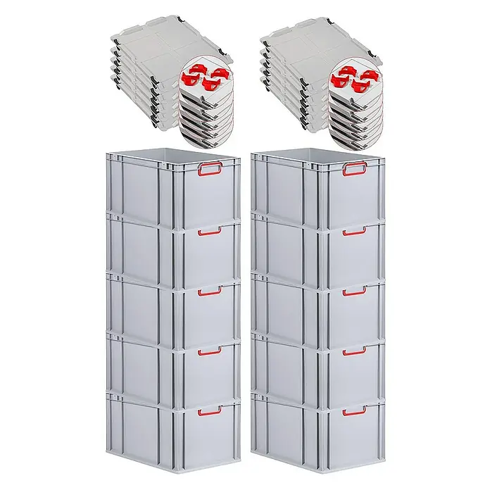 Proregal Euroboxen-Set 10x Eurobox NextGen Color mit Auflagedeckel und Schiebeschnappverschlüsse - L x B x H: 60 x 40 x 32 cm, Kunststoff, Grau, Rot, 10 Stk. - Stapelbare Lagerboxen mit Deckel und stapelbaren Transportboxen in Grau mit roten Griffen zur optimalen Lagerung.