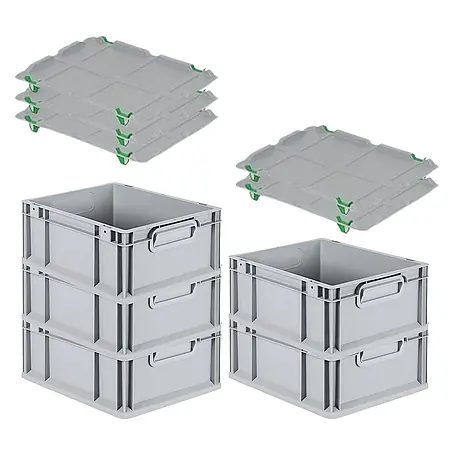 Proregal  Euroboxen-Set 5x Eurobox NextGen Economy mit Auflagedeckel und 4x Verschlüsse Grün