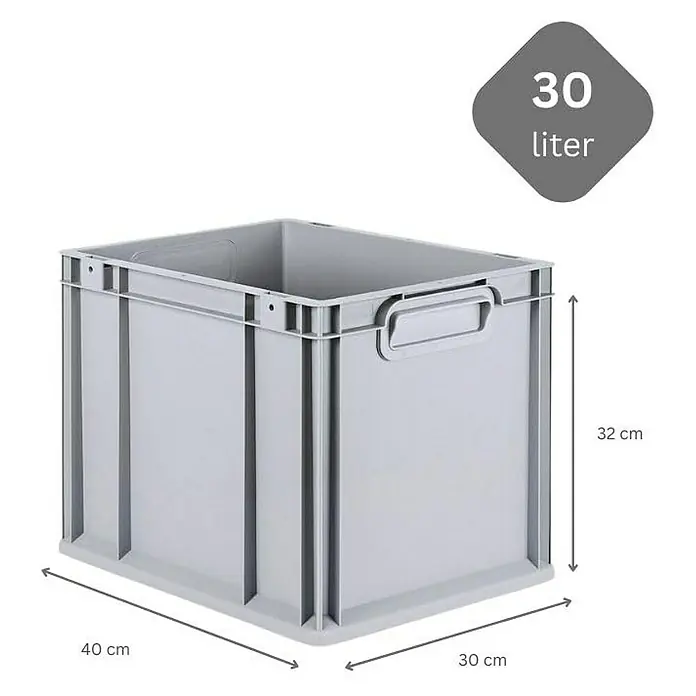 Proregal Euroboxen-Set 10x Eurobox NextGen Economy mit Scharnierdeckel und schwarzen Verschlüssen - Kunststoff, Grau, 10 Stk. - Bild eines grauen 30-Liter-Stapelbehälters mit den Maßen 40 cm x 30 cm x 32 cm.