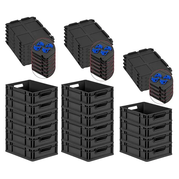 Proregal Euroboxen-Set 16x Eurobox NextGen Grip mit Scharnierdeckel und blauen Verschlüssen - L x B x H: 40 x 30 x 12 cm, Kunststoff, Schwarz, 16 Stk. - Bild von 3 Stapeln schwarzer, klappbarer Aufbewahrungsboxen aus Kunststoff und 3 Stapeln klappbarer Deckel mit blauen Clips.