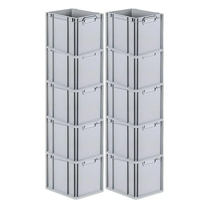 Proregal Euroboxen-Set 10x Eurobox NextGen Economy mit Scharnierdeckel und schwarzen Verschlüssen - Kunststoff, Grau, 10 Stk. - Zwei Stapel grauer Kunststoffbehälter mit praktischen Tragegriffen, ideal für Lagerung und Transport.