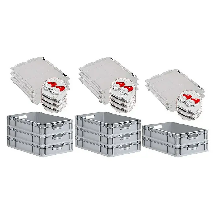 Proregal Euroboxen-Set 8x Eurobox NextGen Grip mit Scharnierdeckel und roten Verschlüssen - L x B x H: 60 x 40 x 12 cm, Kunststoff, Grau, 8 Stk. - Graue Kunststoffbehälter und Deckel mit roten Verschlüssen. Robuste Stapelkisten und zugehörige Deckel für Lagerung und Transport.