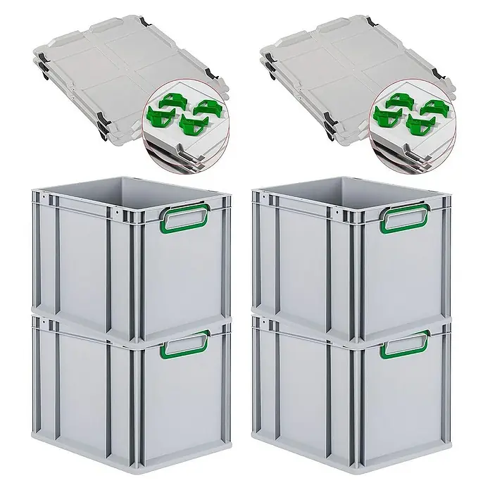 Proregal Euroboxen-Set 4x Eurobox NextGen Color mit Auflagedeckel und Schiebeschnappverschlüsse - Kunststoff, Grau, Grün, 4 Stk. - Das Bild zeigt vier graue Lagerkisten mit grünen Griffen und zwei graue Deckel mit grünen Halterungen, ideal für Lagerung und Transport.