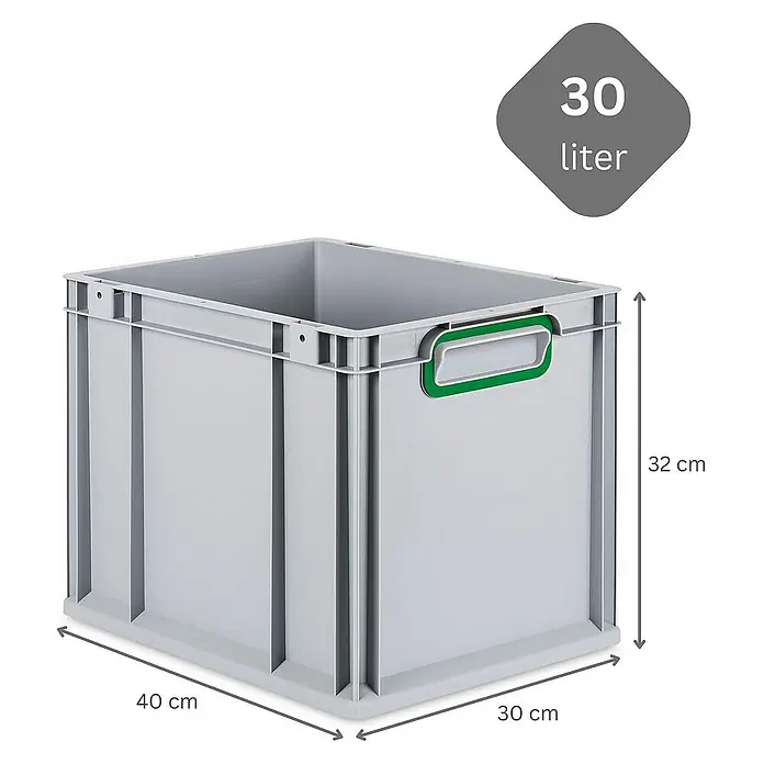 Proregal Euroboxen-Set 4x Eurobox NextGen Color mit Auflagedeckel und Schiebeschnappverschlüsse - Kunststoff, Grau, Grün, 4 Stk. - Graue Kunststoffbox mit den Maßen 40 x 30 x 32 cm und einem Fassungsvermögen von 30 Litern für Lagerung und Transport.