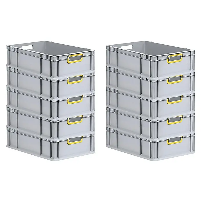 SparSet 10x Eurobox NextGen Color | HxBxT 17x40x60cm | 34 Liter | Griffe gelb offen | Glatter Boden | Grau | Eurobehälter, Transportbox, Transportbehälter, Stapelbehälter -  - Zwei Stapel grauer Kunststoffboxen mit gelben Griffen. Die Boxen sind leer und scheinen zur Aufbewahrung und Organisation geeignet.